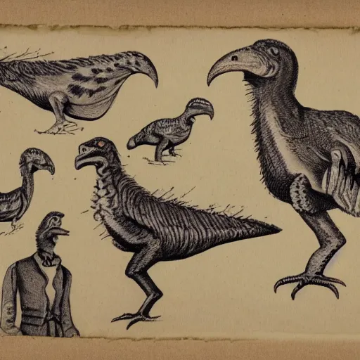 Image similar to vintage parchment with a sketch of a group of feathered dinosaurs with full descriptions, 8K, HD, highly detailed, high quality