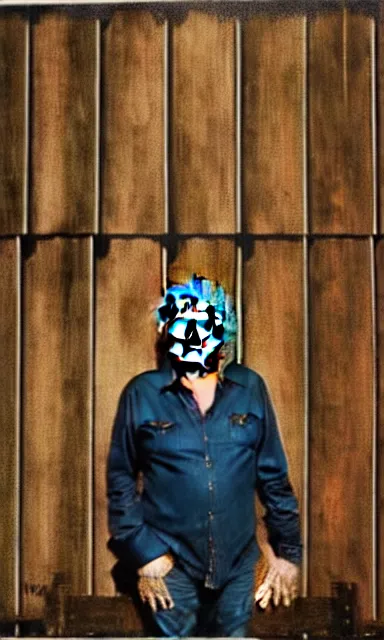 Prompt: portrait of blake shelton standing against barn wall by shepard fairey