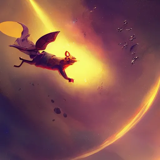 Image similar to a golden mouse flying through space, Greg rutkowski award winning illustration, digital art, sci fi concept art, 4k, trending on artstation,