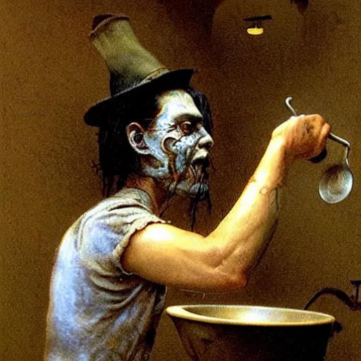 Image similar to Johny Depp washing dishes by Zdzislaw Beksinski