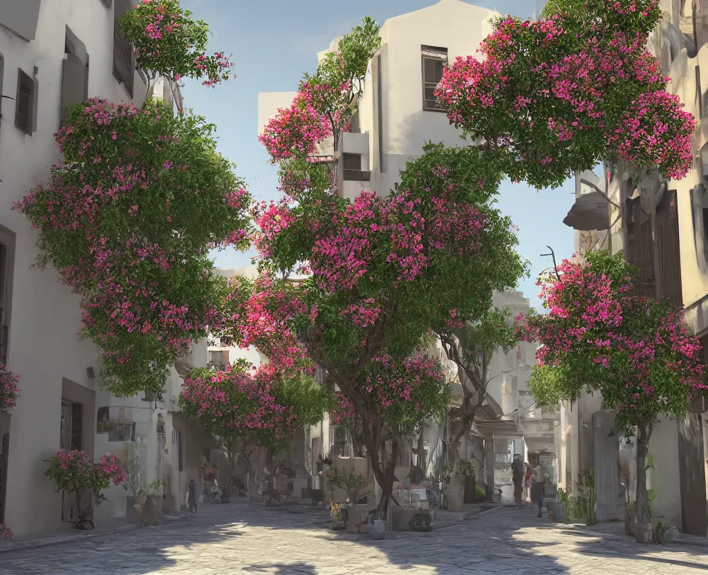 Prompt: a very beautiful scene, ambient occlusion render. small street in tel aviv, busy, shops, bauhaus, sunlight, bougainvillea, hyperrealistic, 4 k. lovely scene. concept art. unreal engine.