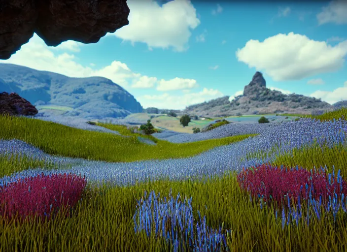 Image similar to fields full of flowers and blue sky with hills in the background. Intricate. Very detailed 8k. Fantasy horror. Sharp. Cinematic post-processing. Unreal engine. Nanite. Ray tracing. Parallax. Tessellation