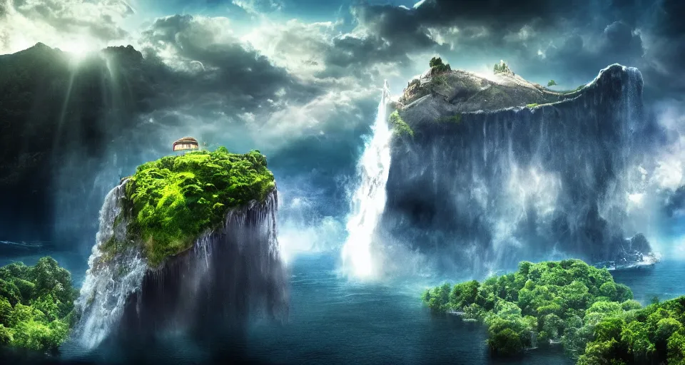 Image similar to A magnificent floating island in the sky above the sea, defying gravity, waterfall falling down, epic lighting, epic composition, cinematic, highly detailed, 4k