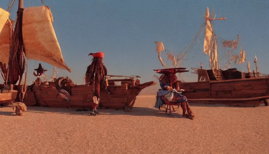 Image similar to movie still by alejandro jodorowsky of a pirate ship strange crew in the desert, cinestill 8 0 0 t eastmancolor technicolor, high quality, very detailed, heavy grain, fine facial features, 8 k, octane render