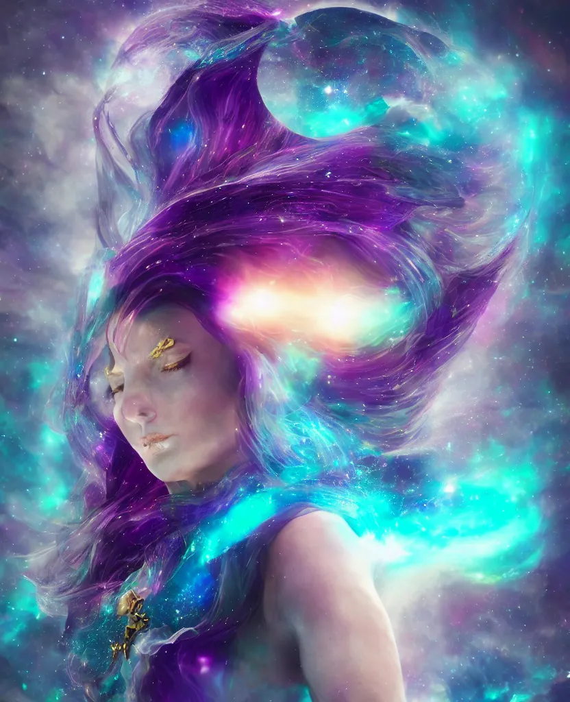 Prompt: a Celestial goddess of time and space floating in the cosmos striking beauty oracle gemstones trending on artstation purple amathist color scheme + gemstone crystals + realistic + photorealistic + octane render + 3d render