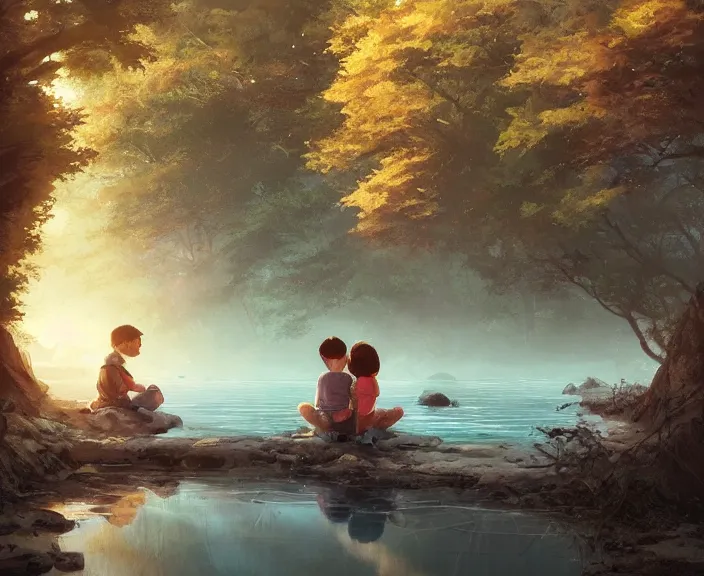 Image similar to a boy and girl sitting together on one single boat. Romantic. Girl has auburn hair, boy has short black hair. Narrow river in a forest, rocky shore, trees, shady, blue waters, ripples, waves, reflections, details, sharp focus, illustration, by Jordan Grimmer and greg rutkowski, Trending artstation, pixiv, digital art