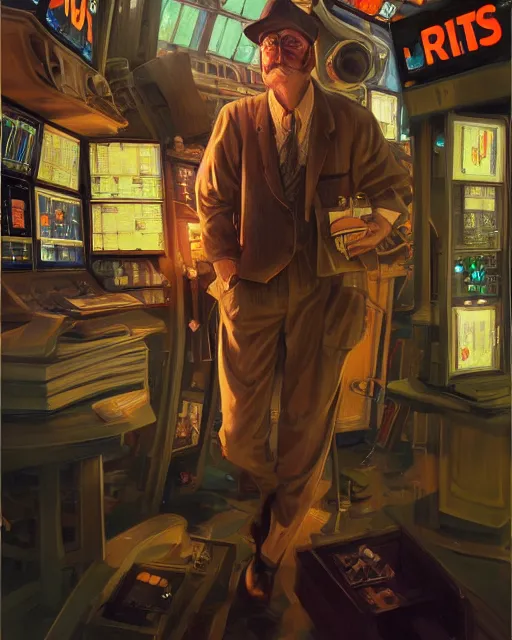 Prompt: beautiful portrait of a trader in the new york stock exchange, by paul lehr and mark kolobaev and artgerm, dieselpunk, realism, highly detailed, intricate, studio ghibli color scheme, masterpiece, portrait, face, handsome