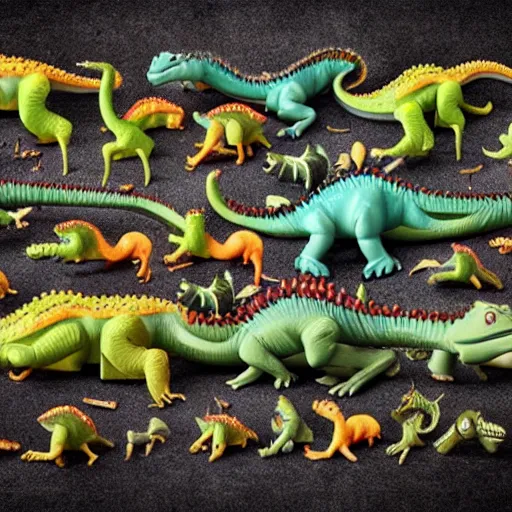 Prompt: an army of dinosaur toys, blurred background, photorealistic