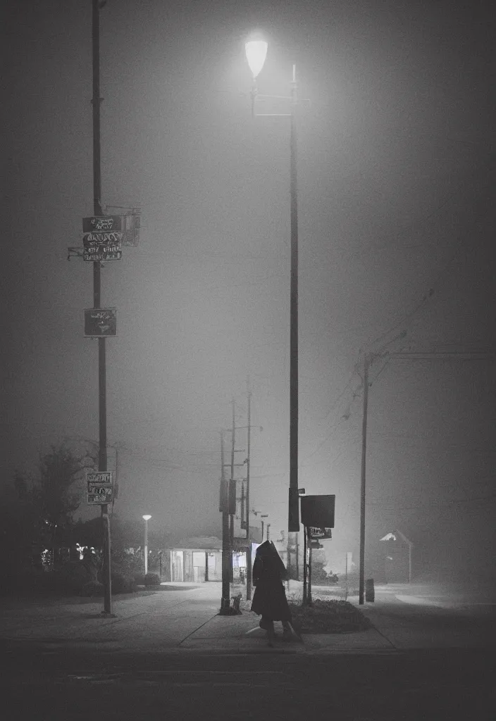 Image similar to “ quiet american neighborhood at night, a woman waiting with a black umbrella, photography in the style of gregory crewdson, mist, rule of thirds ”