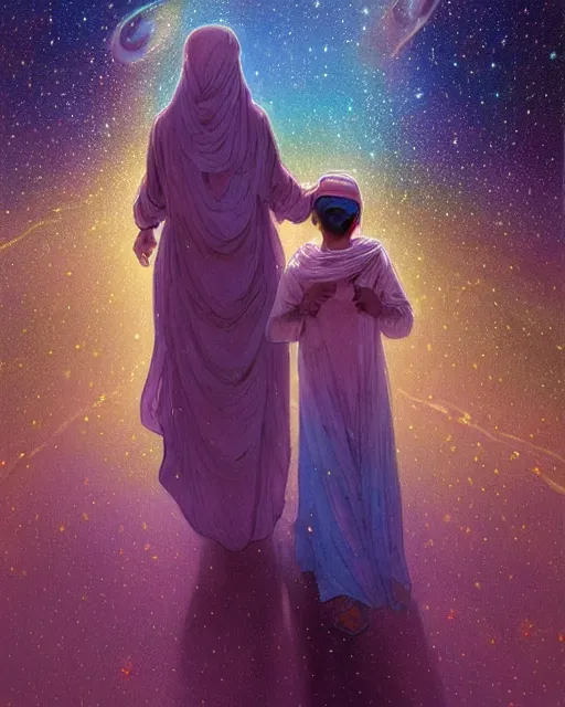 Prompt: bedouin man and woman and child, quran falling from the sky in galaxy walking towards mosque surrounded by nebula, highly detailed, gold filigree, romantic storybook fantasy, soft cinematic lighting, award, disney concept art watercolor illustration by mandy jurgens and alphonse mucha and alena aenami, pastel color palette, featured on artstation