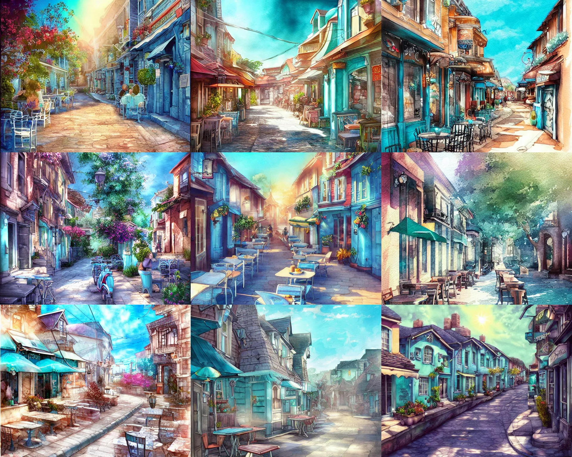 Prompt: street of teal stone, sunlight and whimsical houses, cafe tables, digital art by artgerm ( watercolor )