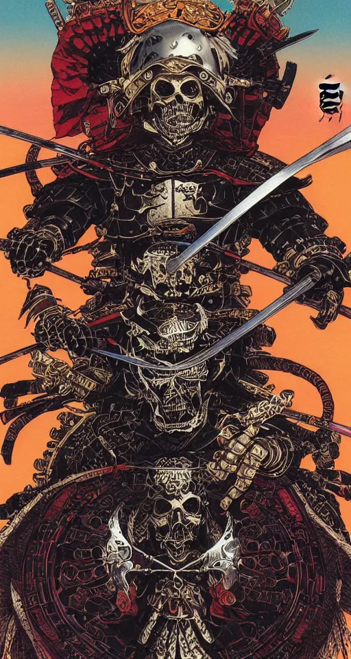 Image similar to portrait of a crazy skeletor samurai with japanese armor and helmet, by yoichi hatakenaka, masamune shirow, josan gonzales and dan mumford, ayami kojima, takato yamamoto, barclay shaw, karol bak, yukito kishiro