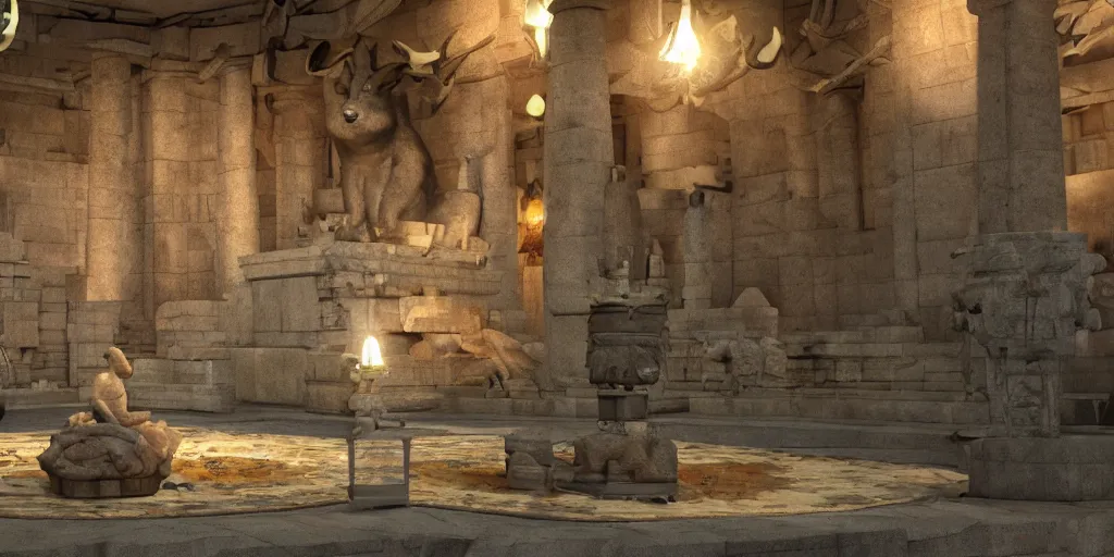 Prompt: temple of big chungus photorealistic interior 8k, statue in a candlelit hall