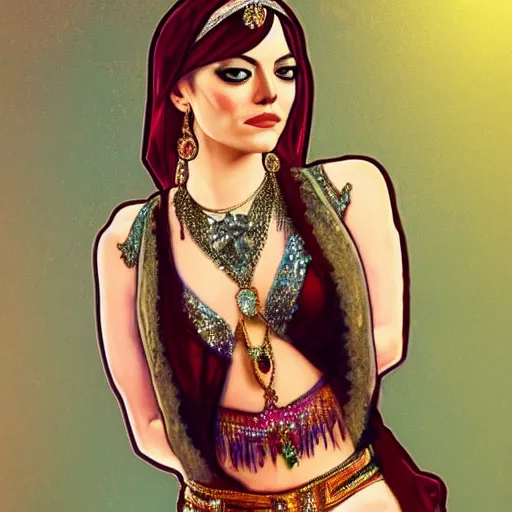 Prompt: a portrait of emma stone dressed as a belly dancer, arabian night, high quality, fully detailed, 4 k, in focus sharp face with fine details, realistic hand details and anatomy, inspired by belly dancer on youtube, alphonse mucha, masterpiece, stunning, artstation