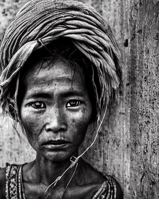 Image similar to Award winning Portrait photo of a Native Myanmarese with hyper-detailed hair and beautiful eyes wearing traditional garb by Lee Jeffries, 85mm ND 5, perfect lighting, gelatin silver process