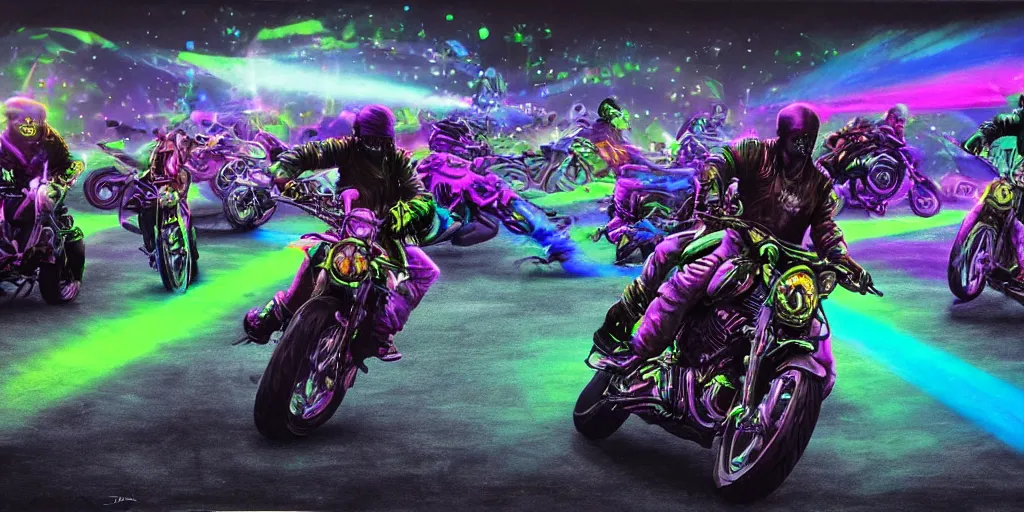 Prompt: psychedelic blacklight airbrush artwork, motorcycles, hyper stylized action shot of orc bikers racing on motorcycles, menacing orcs, drifting, skidding, wheelie, clear focused details, soft airbrushed artwork, black background, post - apocalypse, cgsociety, artstation