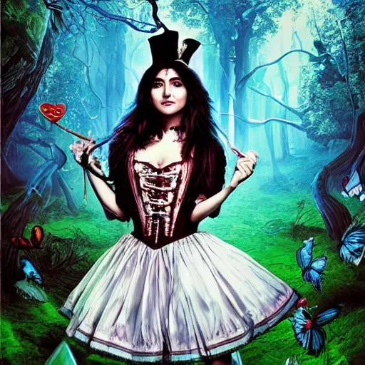 Prompt: anushka sharma as alice in wonderland. comic book style. gothic. forest background. hyperrealistic. artist android jones.