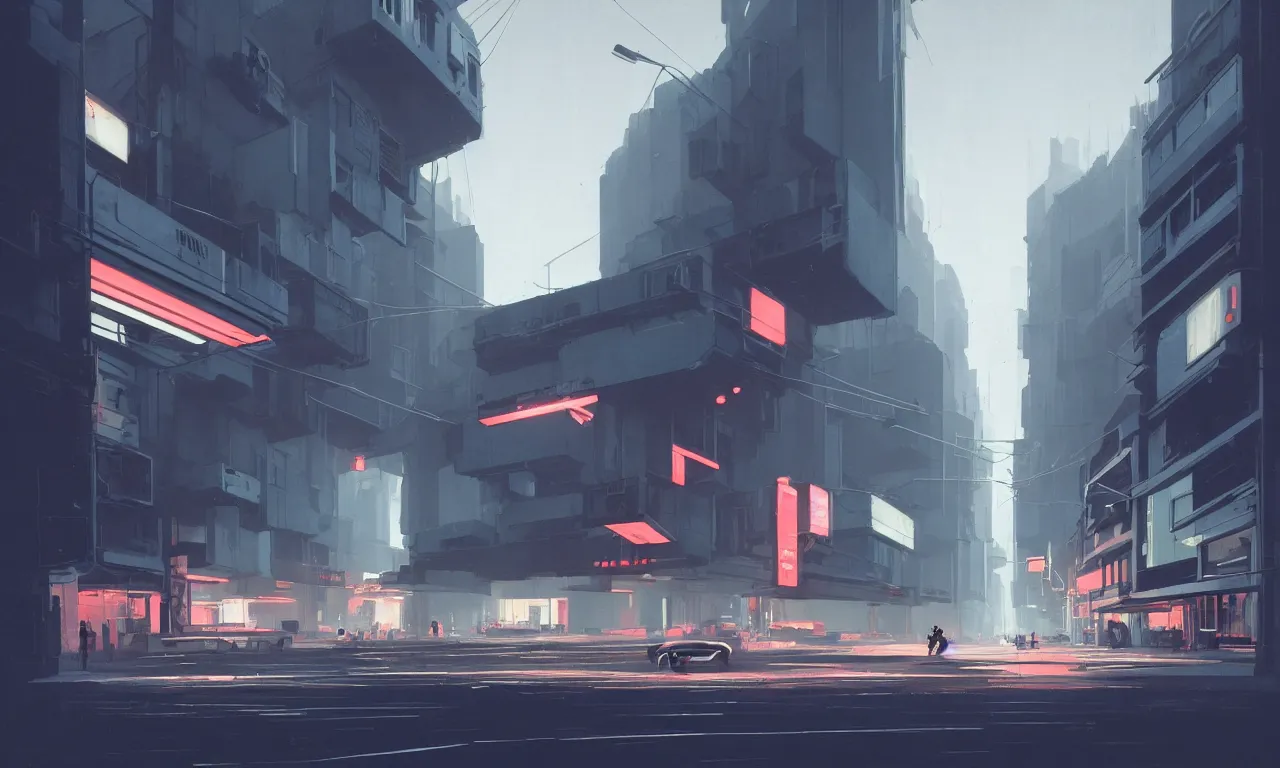 Prompt: streetscape, simple brutalist architecture, white neon lighting, neon signs, flying vehicles, pedestrians, greg rutkowski, syd mead, ralph mcquarrie, concept art, matte painting, finely detailed, minimal artifacts, rule of thirds, dynamic lighting, cinematic, detailed, denoised, centered