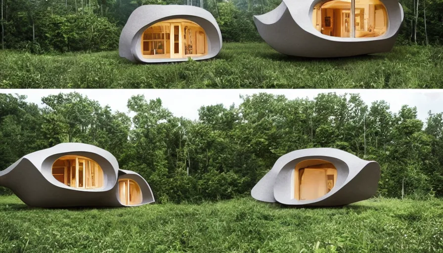 Prompt: A unique innovative and creative eco community of small affordable and contemporary creative cabins in a lush green forest with soft rounded corners and angles, 3D printed line texture, made of cement, connected by sidewalks, public space, and a park, Design and style by Zaha Hadid, Wes Anderson and Gucci