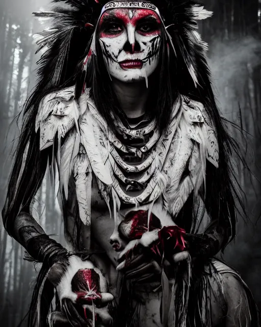 Image similar to lady native sisters ghost - spirit of the grim - warpaint wears the scarlet skull armor and native blood headdress feathers, midnight fog - mist!, cinematic lighting, various refining methods, micro macro autofocus, ultra definition, award winning photo, photograph by ghostwave - gammell - giger - shadowlord