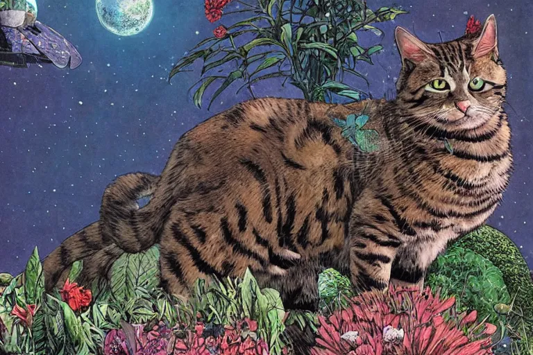 Image similar to gigantic cat floating in the space, a lot of exotic plants, trees, flowers, vintage sci - fi, newspaper grainy colors, flat surreal grainy design, super - detailed, painting by enki bilal and moebius, hd, 4 k, high quality