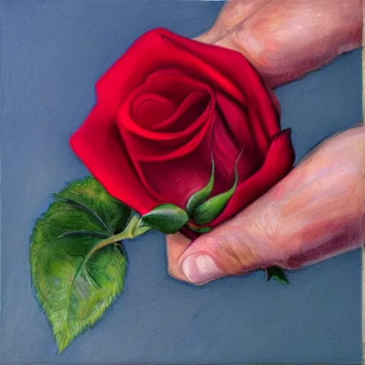 Prompt: hyperrealistic hand holding a red rose, art by mike winklewos and rembrant