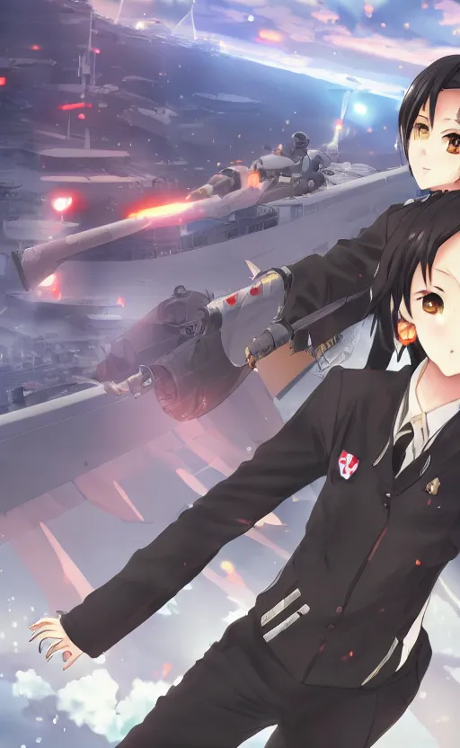 Prompt: anime style, gta 5, panoramic view of shigure kancolle, searchlights in background, soldier clothing, short hair, hair down, symmetrical facial features, from arknights, hyper realistic, extreme detail, detailed drawing, trending artstation, hd, d & d, realistic lighting, by alphonse mucha, greg rutkowski, sharp focus, backlit
