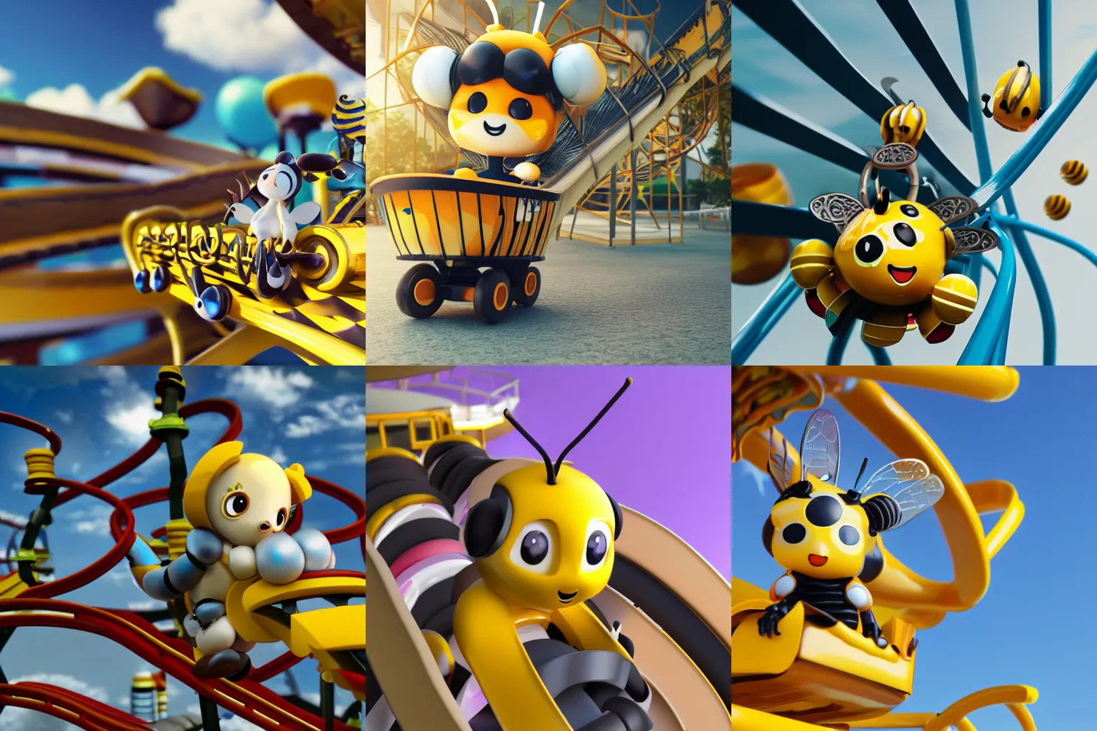 Prompt: cute anime bee sitting in a cart riding a toy rollercoaster octane render