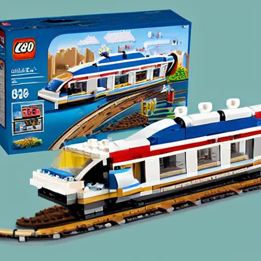 Prompt: Box art for a LEGO set of the Disneyland Monorail