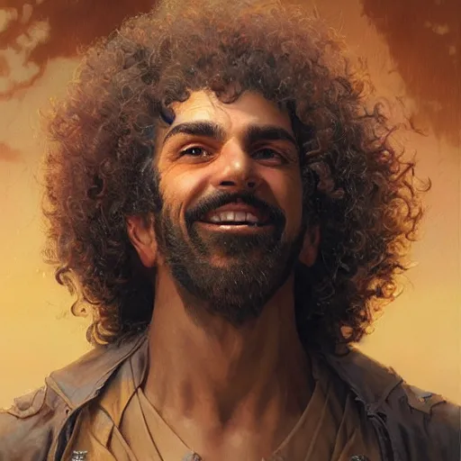 Prompt: a smiling curly - haired persian guy by david a hardy, noriyoshi ohrai, gary ruddell, greg rutkowski highly detailed, cinematic composition, trending on artstation
