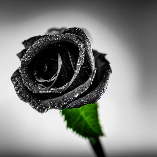 Prompt: award - winning macro of a beautiful black rose made of liquid glass