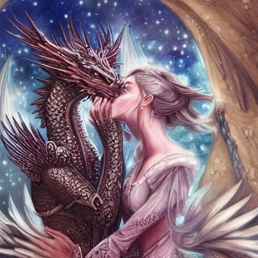 Prompt: highly detailed exquisite fanart of dragon embracing a princess with a kiss, fantasy, intricate, elegant, detailed, painting, concept art