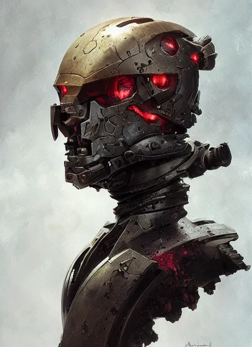 Image similar to hyper realistic portrait of battle warhammer android head, cinematic, chaos marine, artstation, cgsociety, full head, greg rutkowski, james gurney, mignola, craig mullins, brom