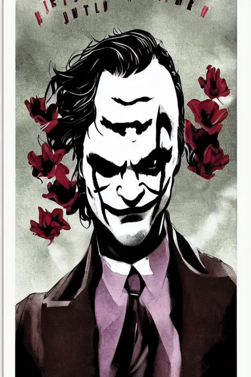 Prompt: joaquin phoenix, little bruce wayne, red flower, joker, comic book cover, issues 2 0, by dc comics, justify content center, delete duplicate object content!, violet polsangi pop art, gta chinatown wars art style, bioshock infinite art style, incrinate, realistic anatomy, hyperrealistic, 2 color, white frame, content balance proportion