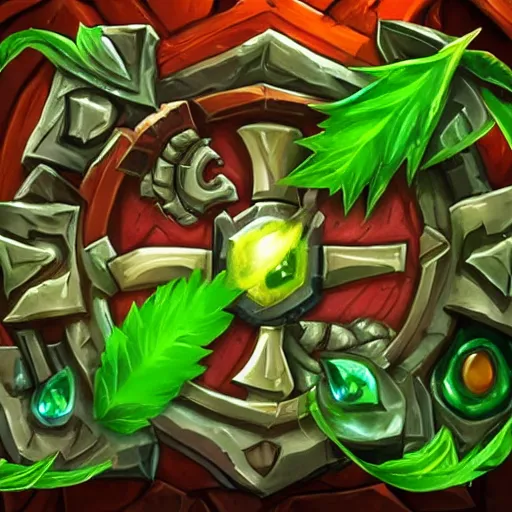 Prompt: green leaves shield weapon, tree roots on the shield weapon, shield made of leaves, epic fantasy style, hearthstone style, weapon art