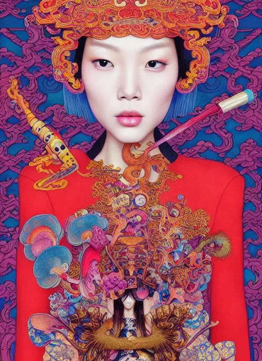 Image similar to pretty chinese model with hallucination mushroom : : by martine johanna and simon stalenhag and chie yoshii and casey weldon and wlop : : ornate, dynamic, particulate, rich colors, intricate, elegant, highly detailed, vogue, harper's bazaar art, fashion magazine, smooth, sharp focus,