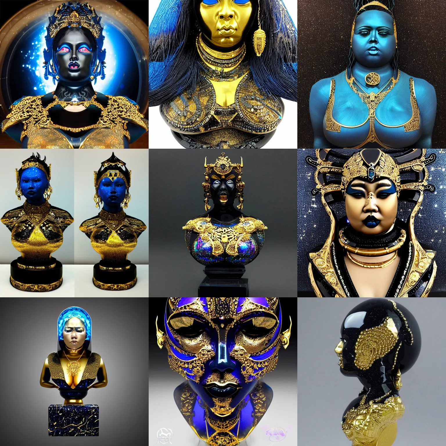 Prompt: intricate detailed sculpture of futuristic obese cosmic space black empress, stone and glass, gorgeous, high contrast, blue gold and black! dream intricate holographic realistic bust sculpture of futuristic digital obese angry singaporean feminine girl empress, stone and glass and gold, high contrast, blue and black, masterpiece