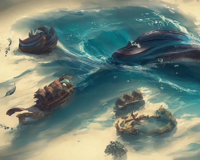 Image similar to sea of thieves underwater marine life concept art for a giant whale, cgsociety, trending on artstation, rare ltd,