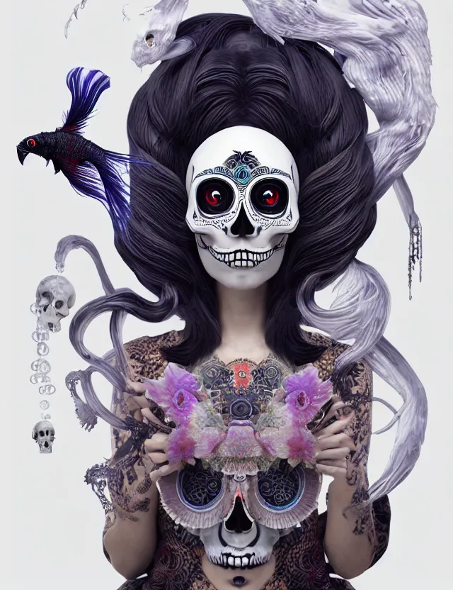 Image similar to 3 d goddess skull half - turn portrait with long hair with ram skull. beautiful intricately detailed japanese crow kitsune mask and clasical japanese kimono. betta fish, jellyfish phoenix, bio luminescent, plasma, ice, water, wind, creature, artwork by tooth wu and wlop and beeple and greg rutkowski