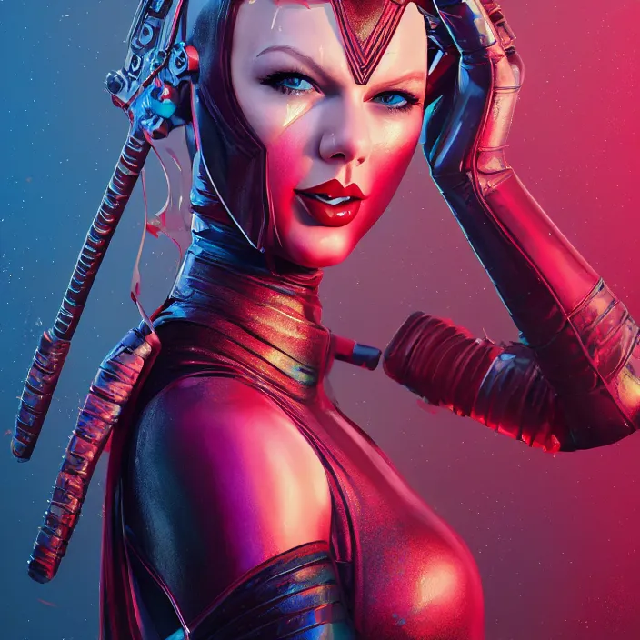 Image similar to taylor swift as lady deadpool. intricate abstract. intricate artwork. by tooth wu, wlop, beeple, dan mumford. octane render, trending on artstation, greg rutkowski very coherent symmetrical artwork. cinematic, hyper realism, high detail, octane render, 8 k, iridescent accents