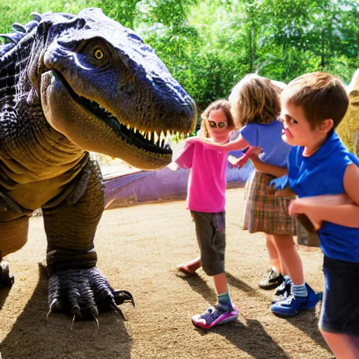 Image similar to a highly detailed photo of kids petting a t rex at a petting zoo, 4 k high - resolution photograph, ultra detail, hd photo