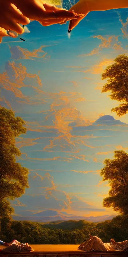 Prompt: symmetry!! smoking a joint in a surreal landscape of a dream, lucid dream, people, very detailed, serene, peaceful, golden hour, perfect lighting, perfect composition, digital art, illustration, frederic edwin church, tom white, 4 k