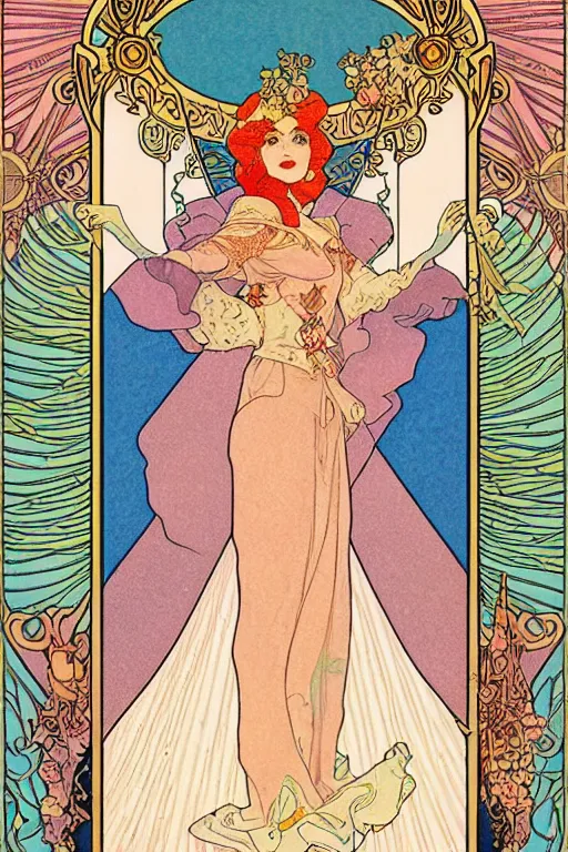 Image similar to full length painting of princess - peach!!!!!!! art nouveau, tarot card by mucha, gaudy colors, sharp edges, intricate line - work.