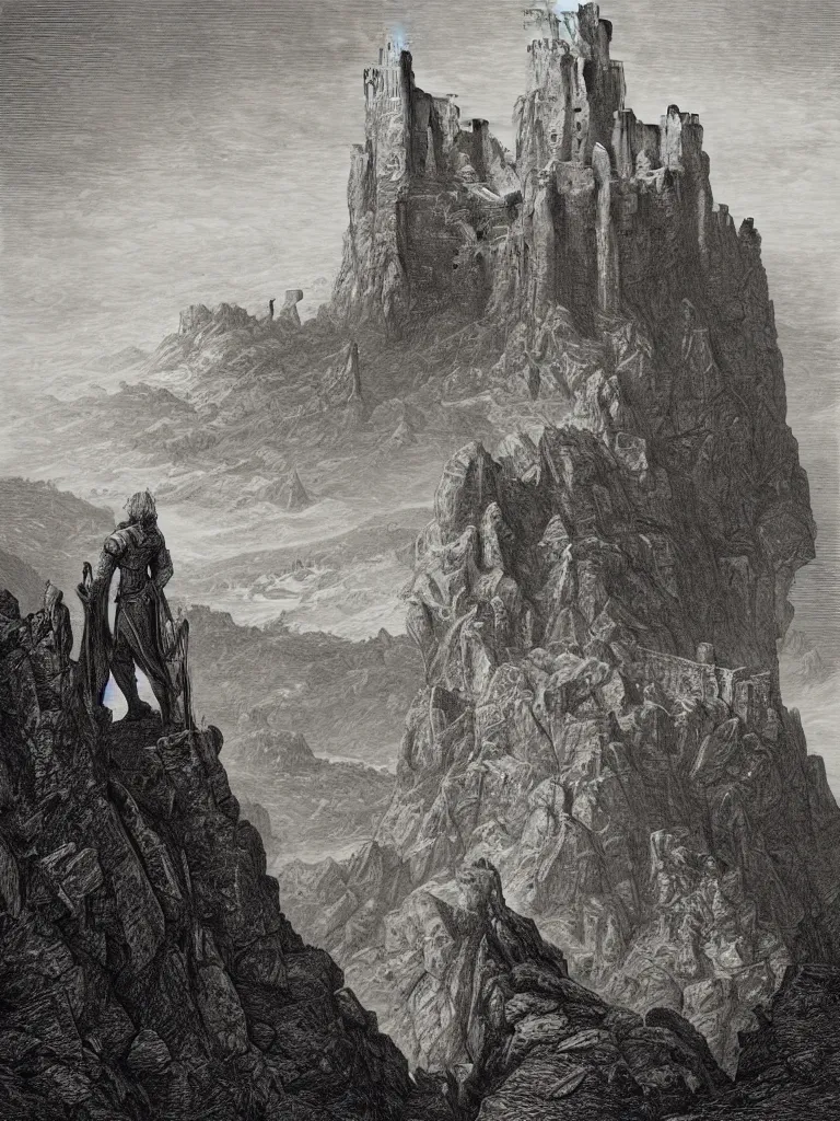 Image similar to an engraving of king arthur standing on a rocky outcropping with castle camelot in the background by gustave dore, caspar david friedrich, ian miller, highly detailed, strong shadows, depth, lithograph engraving