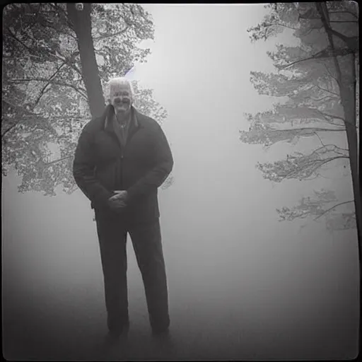 Prompt: low quality iphone photo taken in front of a house window of joe biden with standing ominously in the foggy woods with a demonic smile in his face, creepy