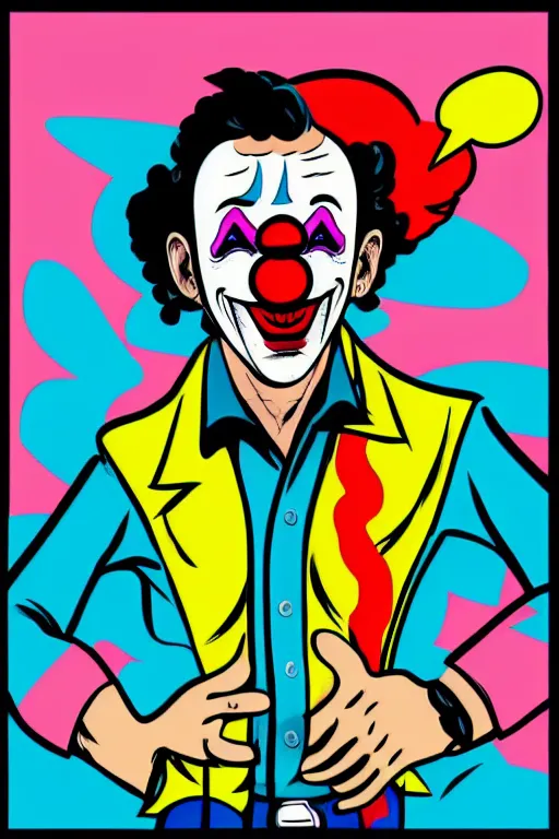 Image similar to display twitter guy wearing an blouses with clown mask. pop art, gta vice city art style, symmetrical, sharp focus, illustration, intecrate details, confident posse, art by mark millar and richard hamilton and mimmo rottela