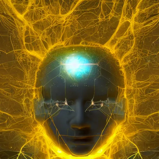 Prompt: ethereal god of artificial intelligence in the shape of yellow nebulous thunder creating the first artificial neural network with synapses on an anvil, high resolution, award winning art, trending on art station, sharp image, incredibly detailed,