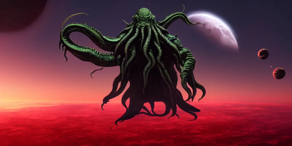 Prompt: giant Cthulhu silhouetted on top of red jetfighter spaceship, photorealistic, wide-angle, long shot, epic, space, lunar backdrop