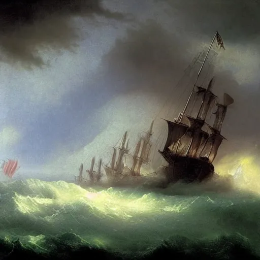 Prompt: Sinister pirate ships shooting lasers at each other during an epic thunderstorm, volumetric lighting, RTX, horror, Gustave Doré, Rutkowski, painting by Ivan Aivazovsky