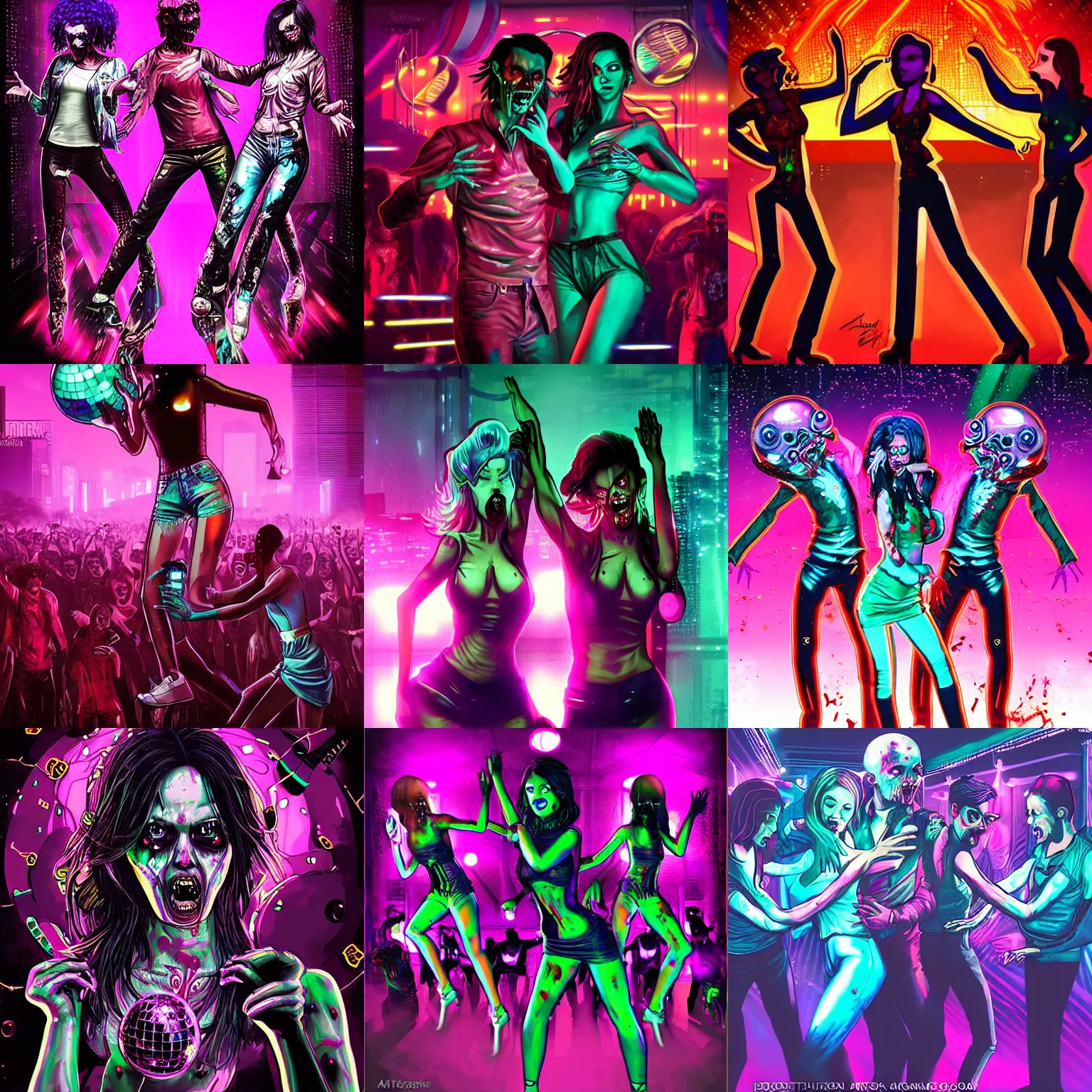 Prompt: zombies dancing in a nightclub, disco ball, cyberpunk synthwave art by artgerm